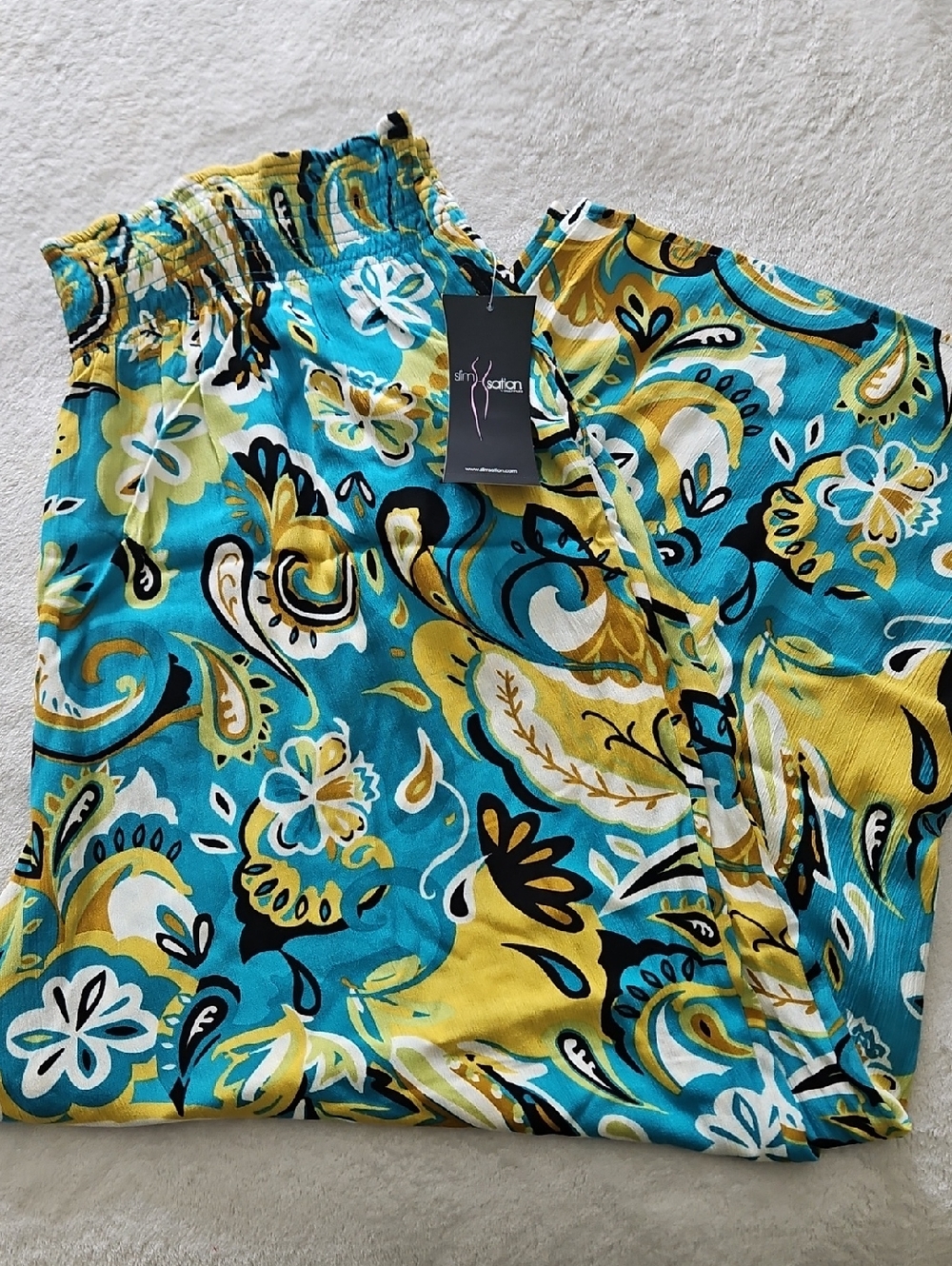 Slim-sation By Multiples Wide Leg Elastic Waist Pants: Teal Multi Color/Print:3X